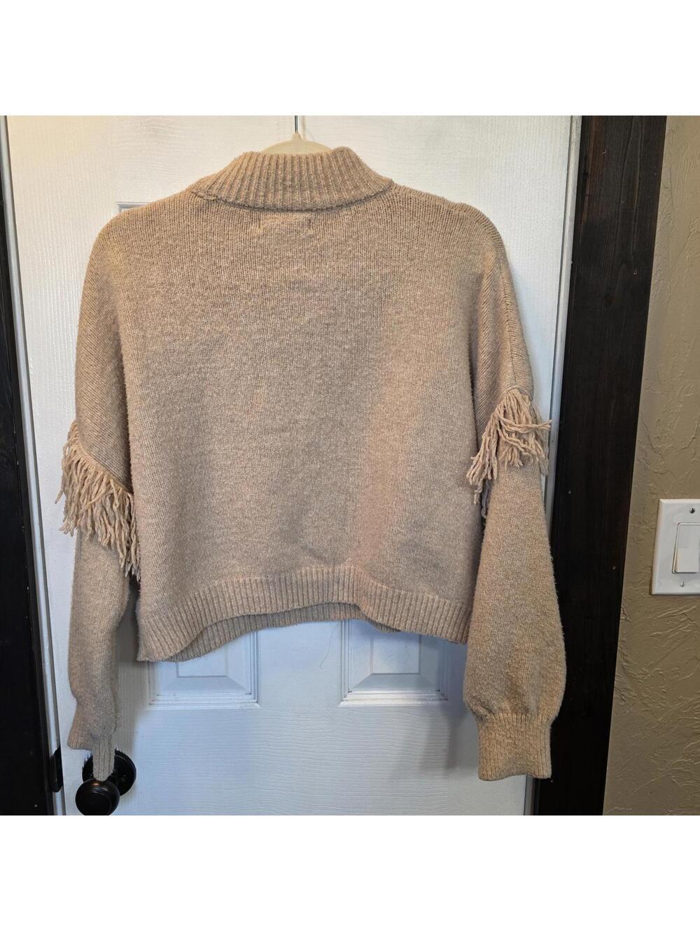 Happily Grey Women's Tan Turtleneck Cropped Sweater w/ Fringe Detail- size Large - Picture 4 of 7